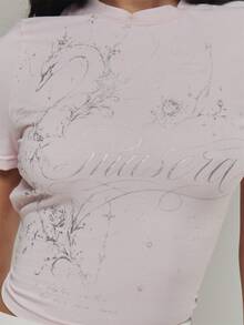 MUSERA Silver Foil Graphic Printed Fitted Crewneck Tee Autumn Fall Winter Daily Back To School Pink Pony - Pink - View 6