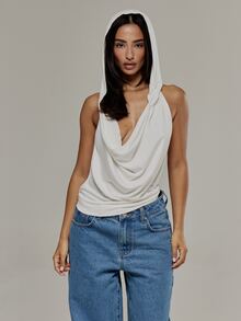 MUSERA Cowl Neck Draped Plunge Open Back Hooded Top Summer Daily Back To School Off-White Pony Club Night Out Sexy Casual - White - View 2