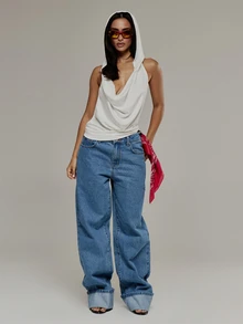 MUSERA Cowl Neck Draped Plunge Open Back Hooded Top Summer Daily Back To School Off-White Pony Club Night Out Sexy Casual - White - View 3
