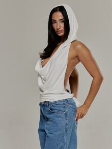 MUSERA Cowl Neck Draped Plunge Open Back Hooded Top Summer Daily Back To School Off-White Pony Club Night Out Sexy Casual - White - View 4