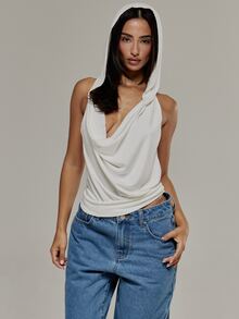 MUSERA Cowl Neck Draped Plunge Open Back Hooded Top Summer Daily Back To School Off-White Pony Club Night Out Sexy Casual - White - View 1