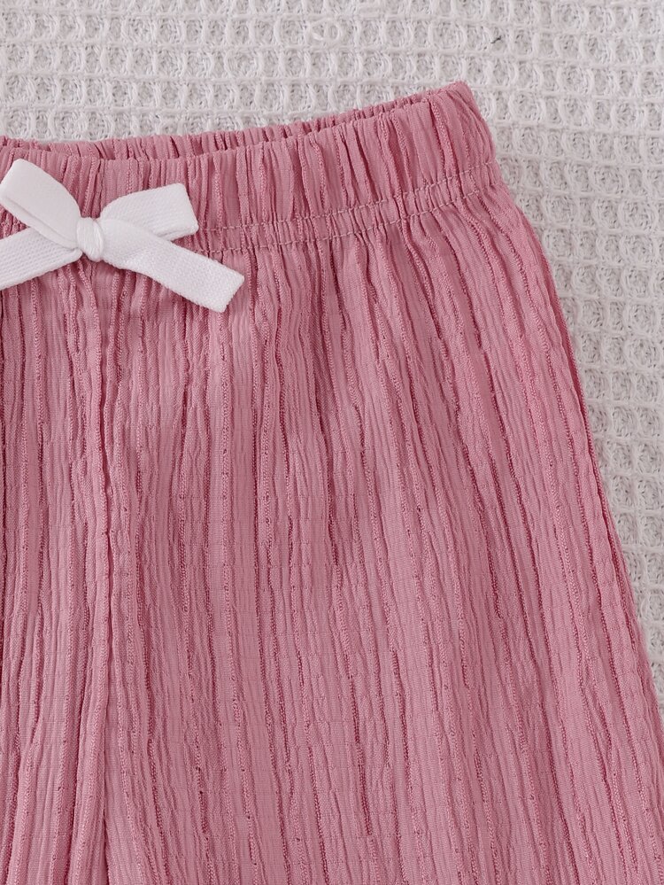 3pcs Toddler Girl Wide Leg Pants Cute Black White Dusty Pink Bowknot Textured Pleated Ribbed Lightweight Vacation Autumn Holiday Ballet Flowy Trouser - Multicolor - View 6
