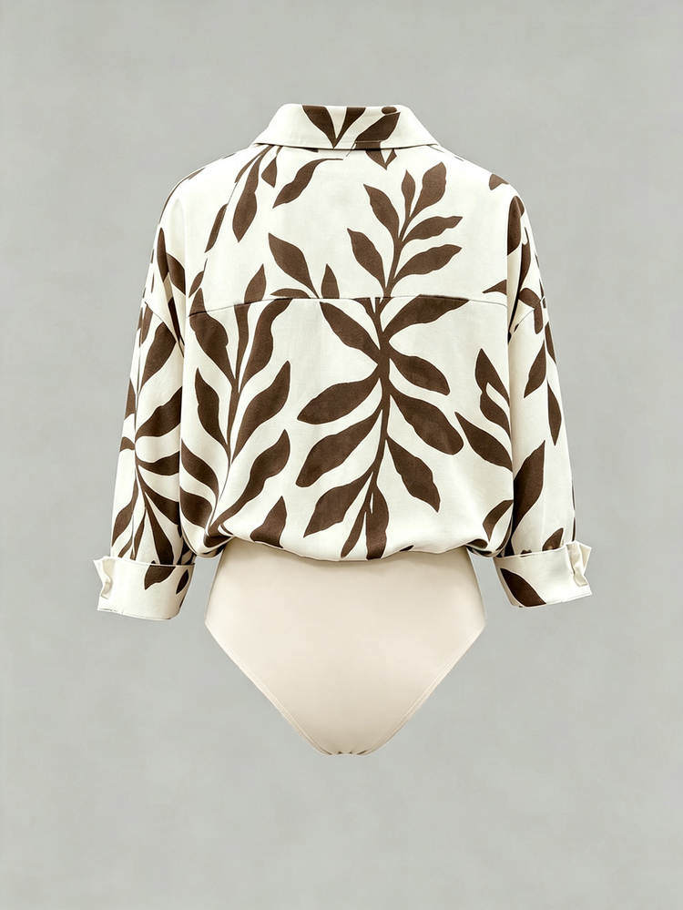Olithes Women's Floral Print Lapel Casual Tropical Shirt Bodysuit Going Out Vacation Off-White Autumn - Multicolor - View 2