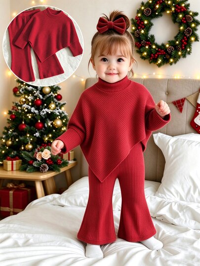 SHEIN Playful Pals طقم تي شيرت كاجوال للرضيعة (بنت) لفصلي الربيع/الخريف/الشتاء، بتصميم غير متماثل، بلوفر برقبة عالية من قماش محبوك مضلع وموبر، لون كاكي سادة، بأكمام طويلة، مع بنطلون طويل كاجوال واسع بلون كاكي، طقم من قطعتين، مناسب للربيع/الخريف/الشتاء، إطلالة طفولية لطيفة بسيطة ومريحة للخروجات والعطلات والحفلات