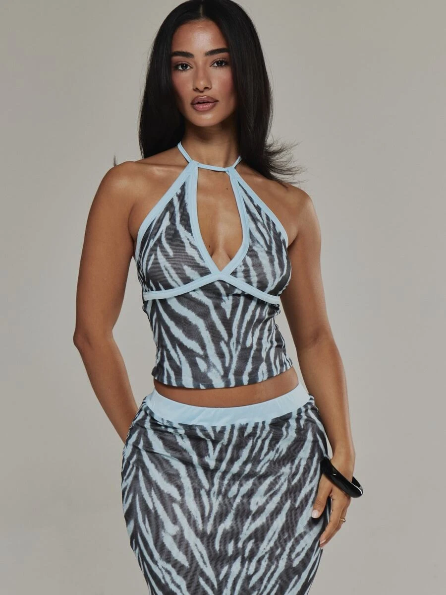 MUSERA Contrast Colour Trim Zebra Printed Fitted V Plunge Top Going Out Sexy Fall Winter Christmas - Multicolor - View 1