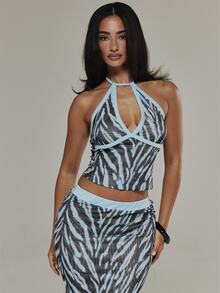 MUSERA Contrast Colour Trim Zebra Printed Fitted V Plunge Top Going Out Sexy Fall Winter Christmas - Multicolor - View 2