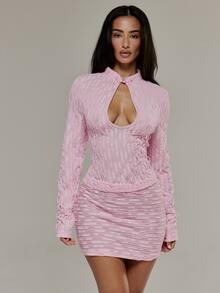 MUSERA Set áo tay dài ôm sát cổ cao khoét ngực phối chân váy mini bodycon ôm dáng, màu hồng Pony, phong cách thường ngày đi học, cho mùa thu đông - Hồng - Xem 1