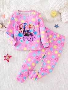 SHEIN 女童字母卡通印花長袖上衣與長褲休閒日常居家睡衣套裝 - 粉色 - 查看 7