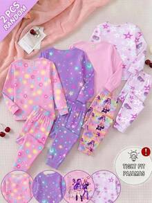 SHEIN 女童字母卡通印花長袖上衣與長褲休閒日常居家睡衣套裝 - 粉色 - 查看 11
