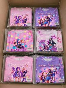 SHEIN 女童字母卡通印花長袖上衣與長褲休閒日常居家睡衣套裝 - 粉色 - 查看 4