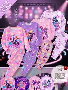 SHEIN 女童字母卡通印花長袖上衣與長褲休閒日常居家睡衣套裝 - 粉色 - 查看 10