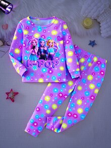 SHEIN 女童字母卡通印花長袖上衣與長褲休閒日常居家睡衣套裝 - 粉色 - 查看 6