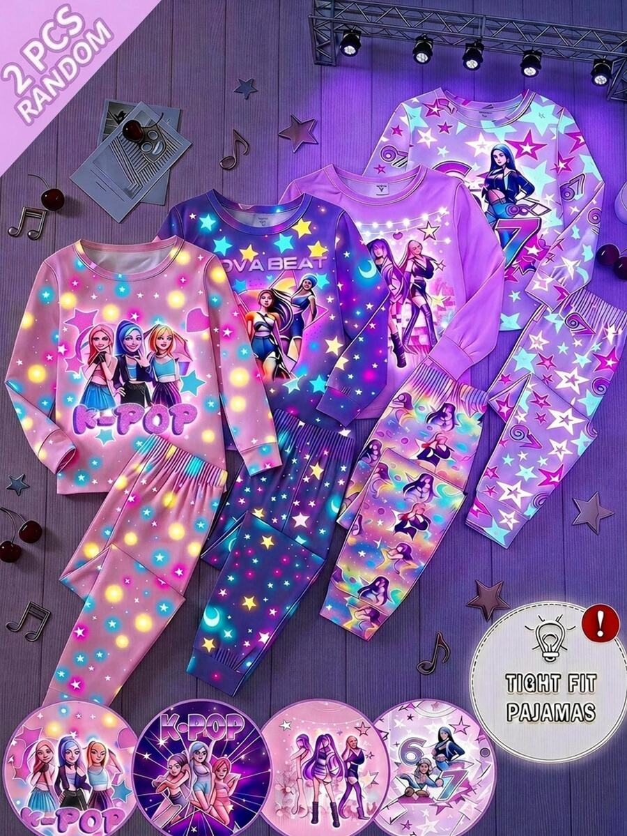 SHEIN 女童字母卡通印花長袖上衣與長褲休閒日常居家睡衣套裝