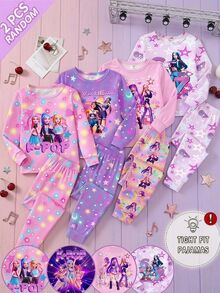 SHEIN 女童字母卡通印花長袖上衣與長褲休閒日常居家睡衣套裝 - 粉色 - 查看 3