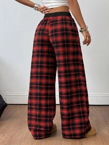 SHEIN 青少年女孩四季基本款休閒街頭風格紋拼接低腰寬鬆寬腿長褲，秋季 - 紅色 - 查看 2