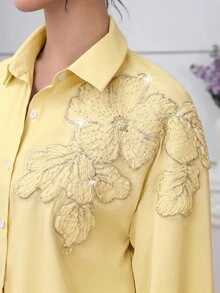 Modelyn 优雅蓝色串珠花卉落肩袖时尚女式衬衫 - 黃色 - 查看 6