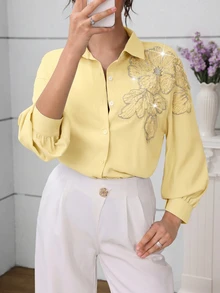 Modelyn 优雅蓝色串珠花卉落肩袖时尚女式衬衫 - 黃色 - 查看 10
