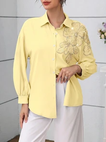 Modelyn 优雅蓝色串珠花卉落肩袖时尚女式衬衫 - 黃色 - 查看 7