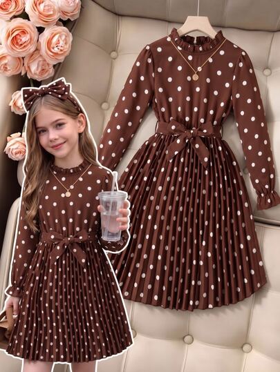 Tween Girls' Brown And White Polka Dot Vintage Elegant Cute Long Sleeve Dress, Fall French Style Frill Trim Stand Collar Waist Tie Party