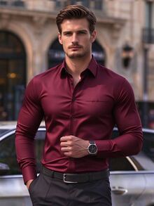 Calvornis Men's Casual Fashion Long Sleeve Shirt, Formal, Ceremony - Burgundy - View 3