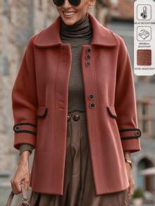 SHEIN LUNE Jaket Lengan Panjang Longgar dengan Kancing Depan dan Belahan Kerah Patchwork - Rust Brown - View 2