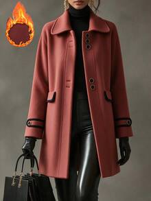 SHEIN LUNE Jaket Lengan Panjang Longgar dengan Kancing Depan dan Belahan Kerah Patchwork - Rust Brown - View 8