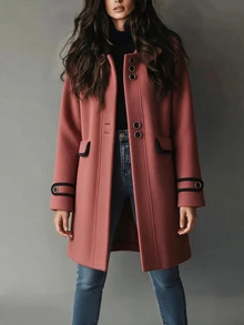 SHEIN LUNE Jaket Lengan Panjang Longgar dengan Kancing Depan dan Belahan Kerah Patchwork - Rust Brown - View 5
