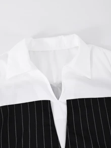 SHEIN 青少年女孩冬季拼接黑色腰帶長袖襯衫與寬腿褲，休閒破洞兩件套，派對正式穿搭 - 黑與白 - 查看 7