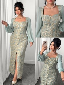Plus Size Women's Elegant Retro Premium 3D Floral Slit Long Sleeve Dress, Dusty Blue For Autumn & Winter, Daily Date, Wedding, Formal Banquet & Party - Baby Blue - View 4