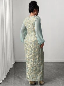 Plus Size Women's Elegant Retro Premium 3D Floral Slit Long Sleeve Dress, Dusty Blue For Autumn & Winter, Daily Date, Wedding, Formal Banquet & Party - Baby Blue - View 2