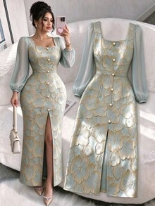 Plus Size Women's Elegant Retro Premium 3D Floral Slit Long Sleeve Dress, Dusty Blue For Autumn & Winter, Daily Date, Wedding, Formal Banquet & Party - Baby Blue - View 1