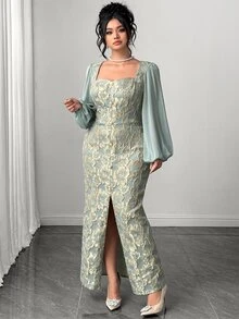 Plus Size Women's Elegant Retro Premium 3D Floral Slit Long Sleeve Dress, Dusty Blue For Autumn & Winter, Daily Date, Wedding, Formal Banquet & Party - Baby Blue - View 7