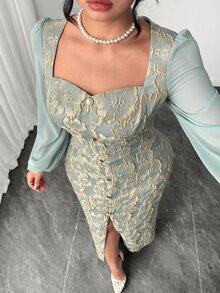 Plus Size Women's Elegant Retro Premium 3D Floral Slit Long Sleeve Dress, Dusty Blue For Autumn & Winter, Daily Date, Wedding, Formal Banquet & Party - Baby Blue - View 5