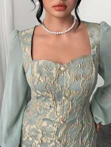 Plus Size Women's Elegant Retro Premium 3D Floral Slit Long Sleeve Dress, Dusty Blue For Autumn & Winter, Daily Date, Wedding, Formal Banquet & Party - Baby Blue - View 6