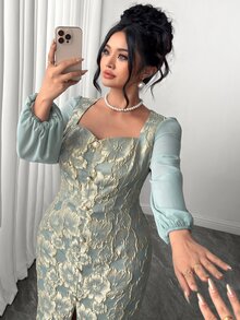 Plus Size Women's Elegant Retro Premium 3D Floral Slit Long Sleeve Dress, Dusty Blue For Autumn & Winter, Daily Date, Wedding, Formal Banquet & Party - Baby Blue - View 3