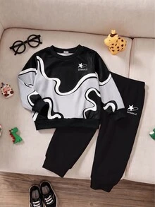 SHEIN Playful Pals 2件組男嬰運動休閒套裝，黑色灰色波浪拼接星星印花，長袖圓領，適合戶外秋季慢跑，舒適復仇者運動風 - 彩色 - 查看 4