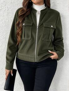 SHEIN Tall Vintage Casual Small Stand Collar Utility Pocket Zipper Long Sleeve Plus Size Jacket - Army Green - View 1