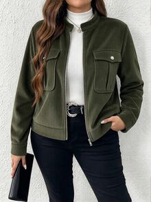 SHEIN Tall Vintage Casual Small Stand Collar Utility Pocket Zipper Long Sleeve Plus Size Jacket - Army Green - View 5