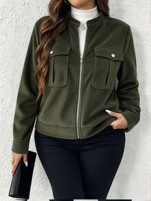 SHEIN Tall Vintage Casual Small Stand Collar Utility Pocket Zipper Long Sleeve Plus Size Jacket - Army Green - View 3