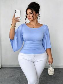 SHEIN Elenzya 大码女式针织高弹喇叭袖圆领纯色优雅T恤 - 藍色 - 查看 1