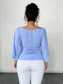 SHEIN Elenzya 大码女式针织高弹喇叭袖圆领纯色优雅T恤 - 藍色 - 查看 2