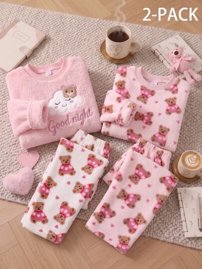 Conjunto de 2 piezas para niña, elegante, de otoño/invierno, con forro térmico, top de manga larga de cuello redondo acanalado rosa con tela de franela doble cara y bordado de nubes blancas, y pantalón largo de franela con estampado de oso y corazón color albaricoque, puños y bajo elásticos, casual, cómodo y cálido para casa, FW, tejido pesado