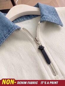 INAWLY Women's Off-White Jacket Featuring Denim Effect Paneling; Fall, Suitable For Everyday Wear And Halloween Outfits. Casual Streetwear - Multicolor - View 5