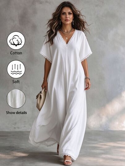Linhara CURVE Vestido largo blanco de verano casual para vacaciones de mujer talla grande, de algodón tejido con patchwork de encaje, cuello en V y manga corta