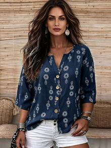 Linhara CURVE Plus Size Women's Woven Printed Casual Autumn Blouse Fall - Navy Blue - View 1