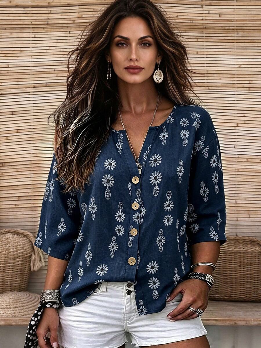 Linhara CURVE Plus Size Women's Woven Printed Casual Autumn Blouse Fall - Navy Blue - View 1