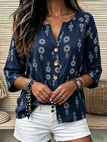 Linhara CURVE Plus Size Women's Woven Printed Casual Autumn Blouse Fall - Navy Blue - View 4