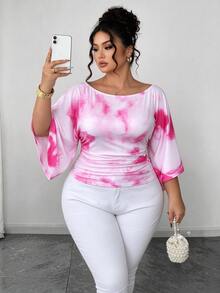 SHEIN Elenzya 大码女式针织高弹喇叭袖圆领纯色优雅T恤 - 彩色 - 查看 1