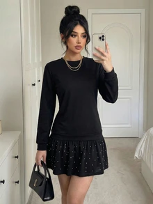 EURMUSE Pearls Beaded Ruffle Hem Dress - Black - View 6
