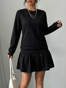 EURMUSE Pearls Beaded Ruffle Hem Dress - Black - View 3
